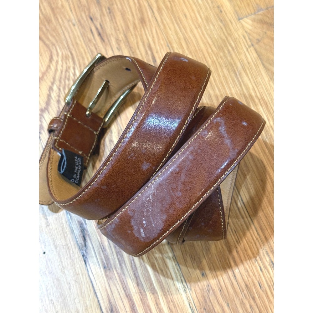 Trafalgar Mens Leather Belt Cognac Brown Gold Buckle Made in USA Classic Dress